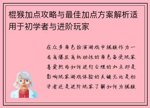 棍猴加点攻略与最佳加点方案解析适用于初学者与进阶玩家